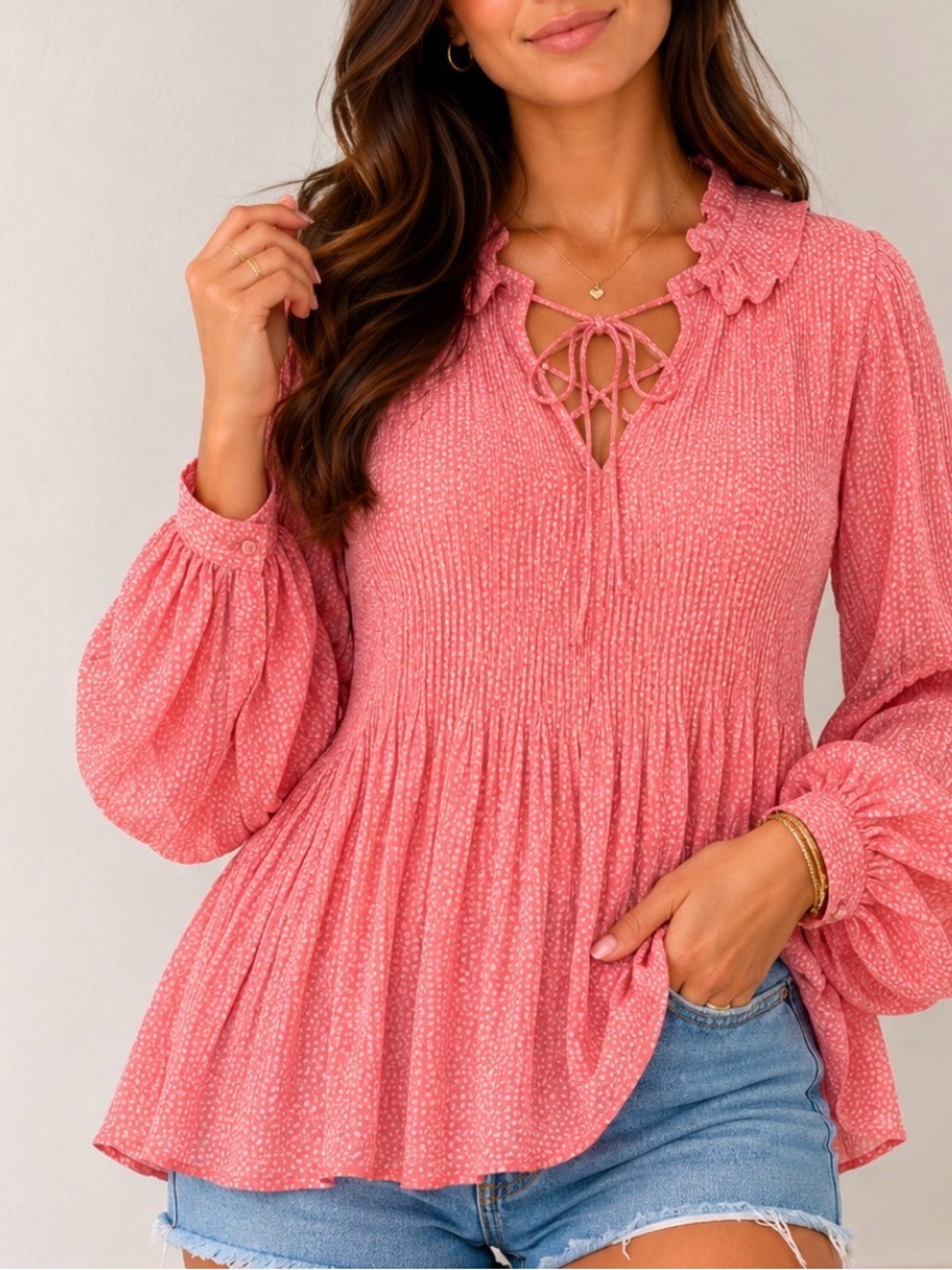 GNW Coral Pink/white Lace-Up Peasant Top/blouse pleated accordion SZ XL